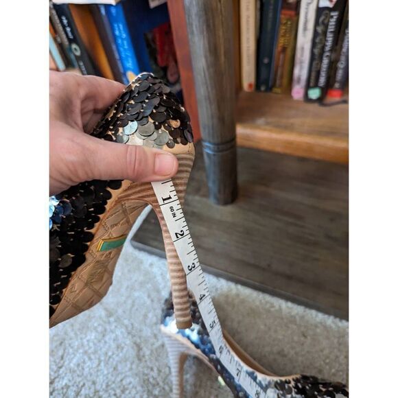 l.a.m.b. peeptoe tan leather silver sequin stilleto sz 7.5 excellent condition - Picture 6 of 6